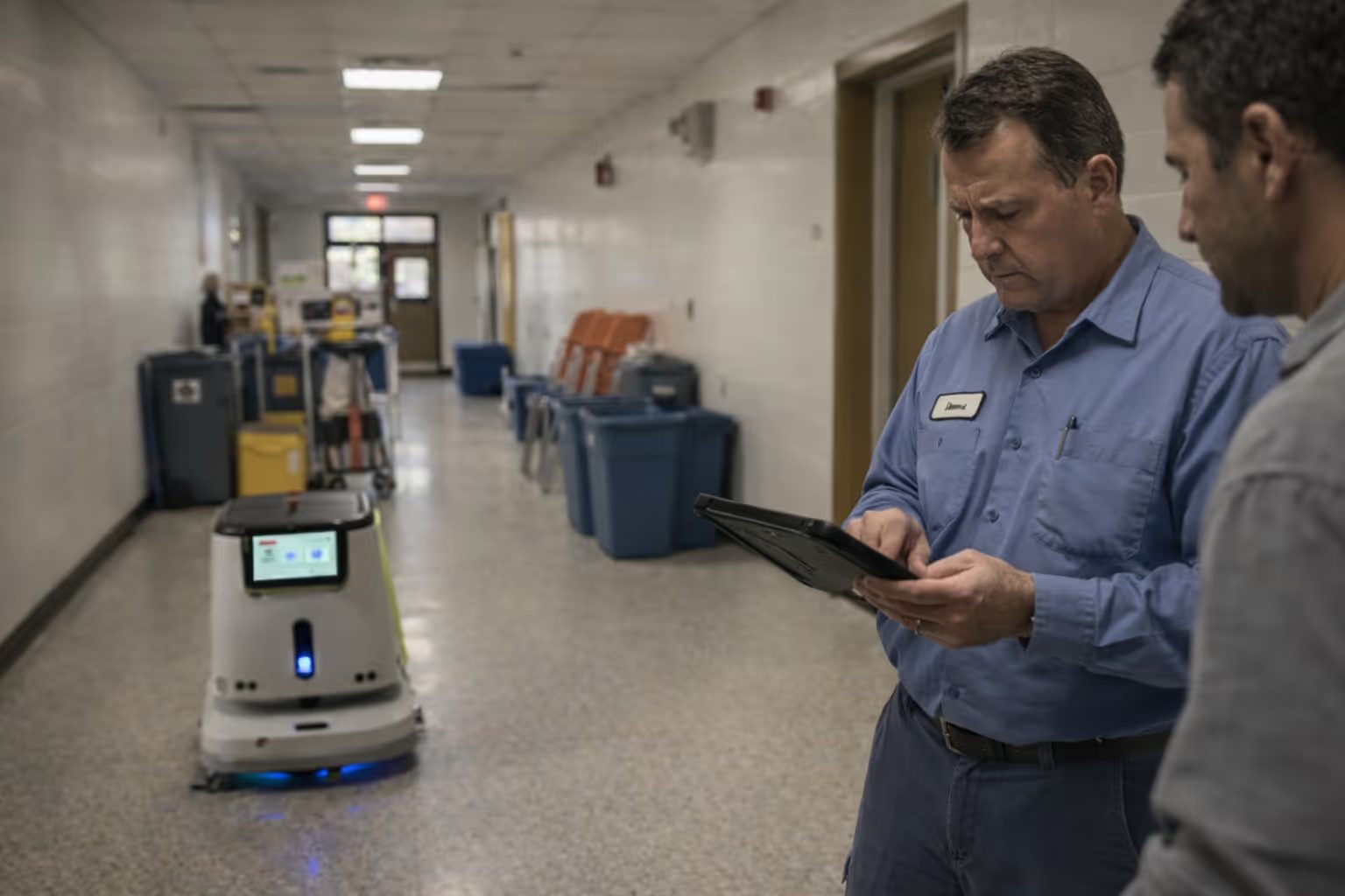A CC1 scrubber working a school corridor while two staff review a tablet